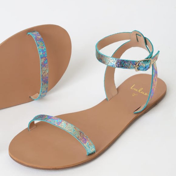 Lulus Leather Flat Ankle Strap Sandals Mermaid - Picture 2 of 5